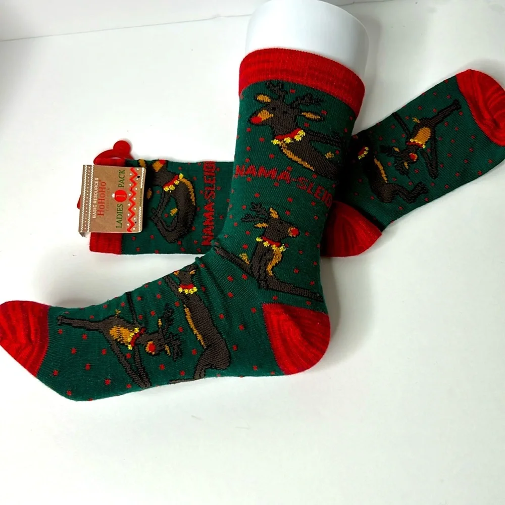 YOGA Reindeer NAMA-SLEIGH Holiday Christmas‎ Crew Funny Socks Women’s NWT